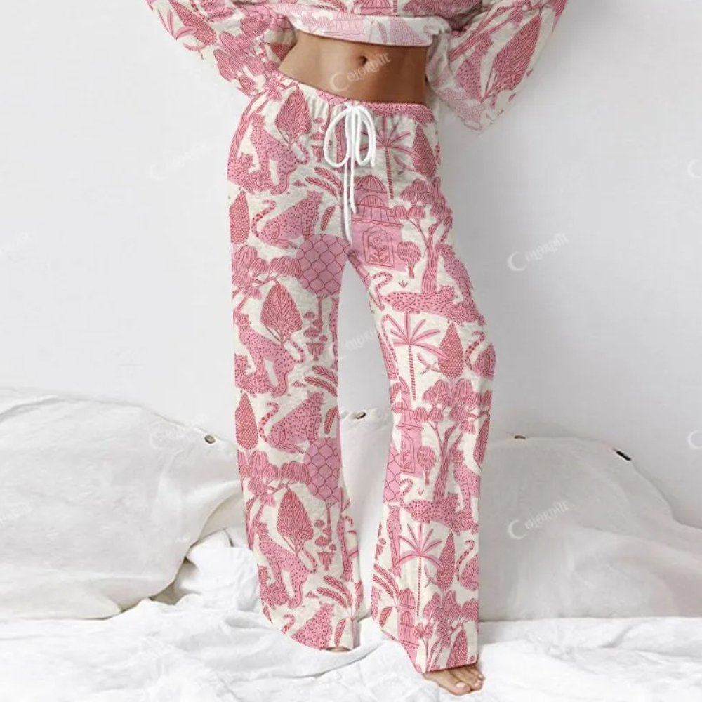 Colordate Women's Pink Leopard Print Long Sleeve Cotton Homewear Set