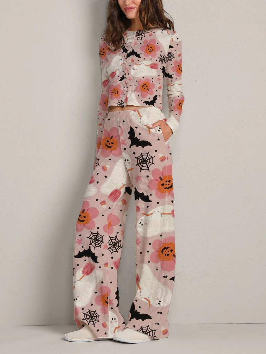 Colordate Women's Halloween Ghost and Pumpkin Print Long Sleeve Suit