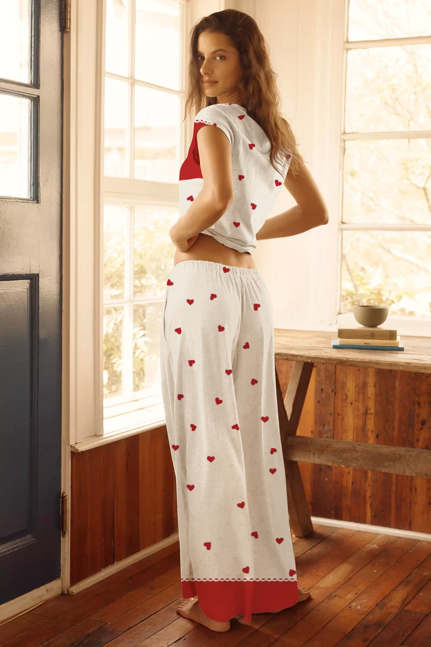 Women's Stitching Love Printed Tee Long Pants Loungewear Set