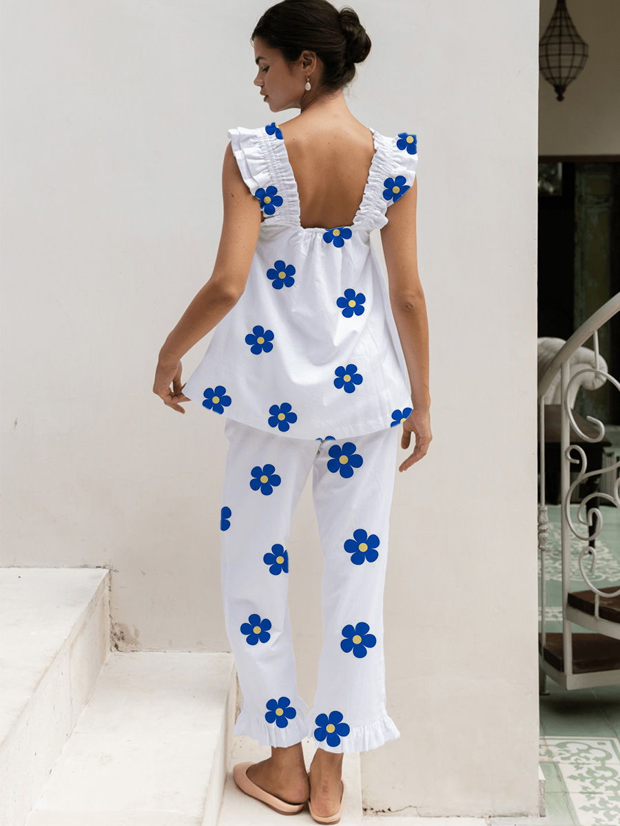 White & Blue Large Floral Short Tank Top Pajama Set
