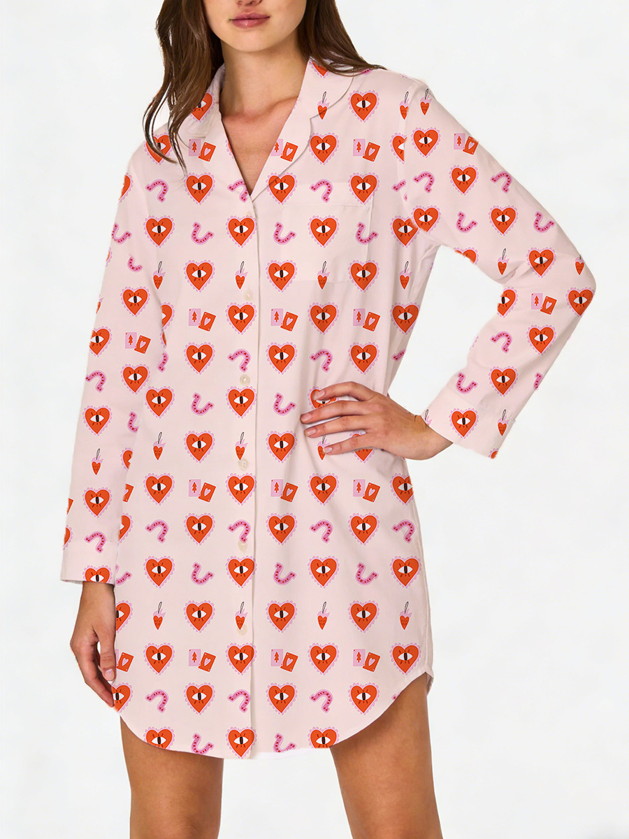 Pink Heart Print Sleep Shirtdress