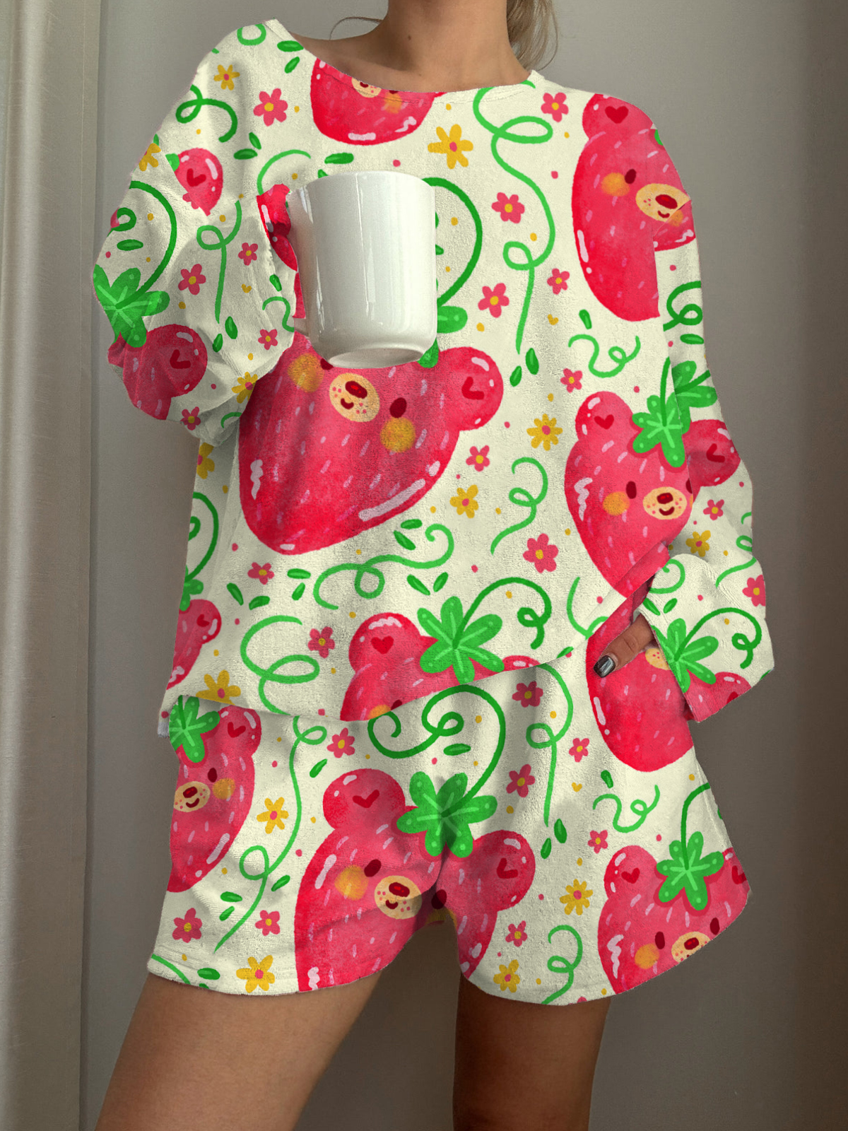 Strawberry Bear Printed Long-Sleeved Shorts Loungewear Set