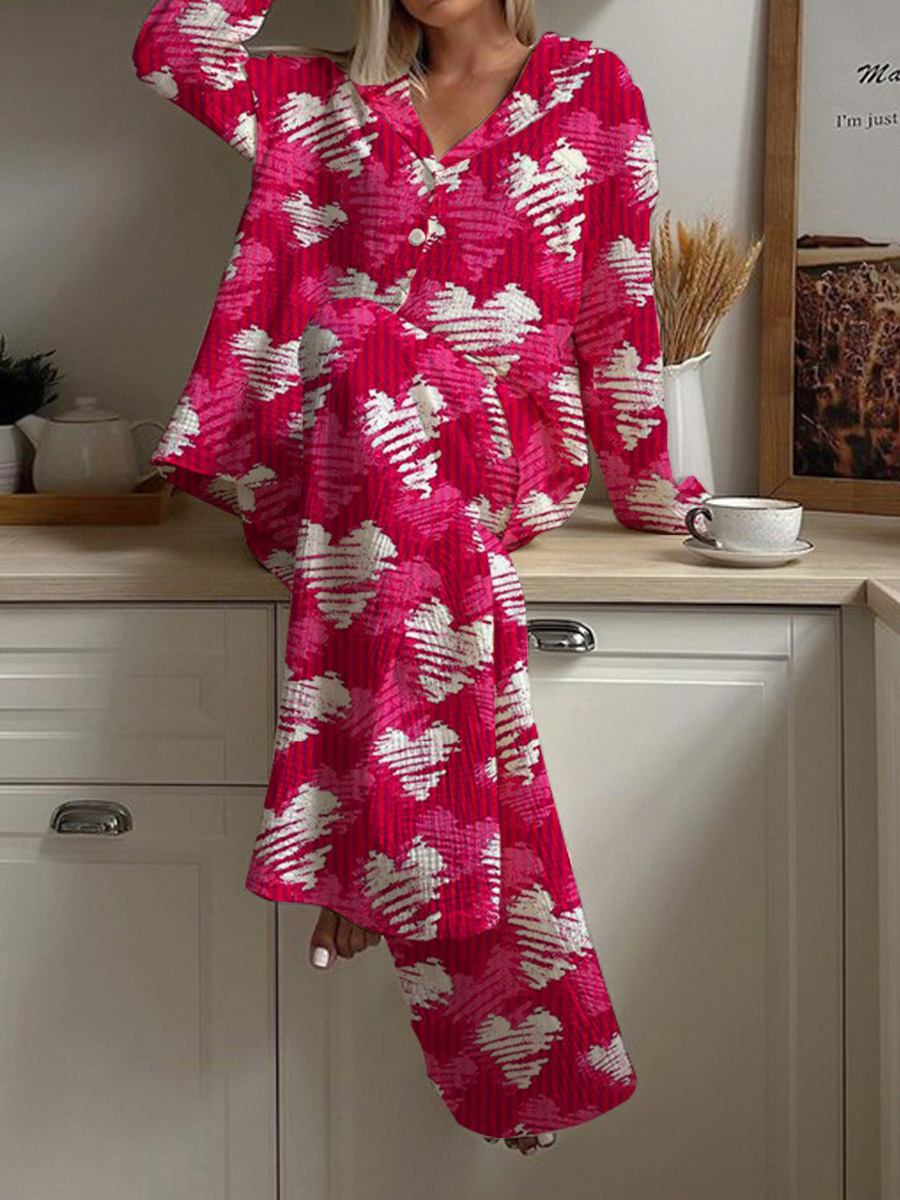 Women's Valentine's Day Heart Pattern Long Sleeve Pants Set