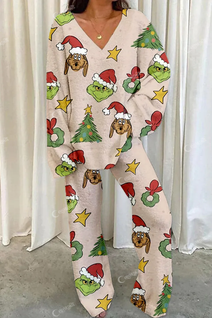 Women's Christmas Grinch Print Home Long Sleeve Suit