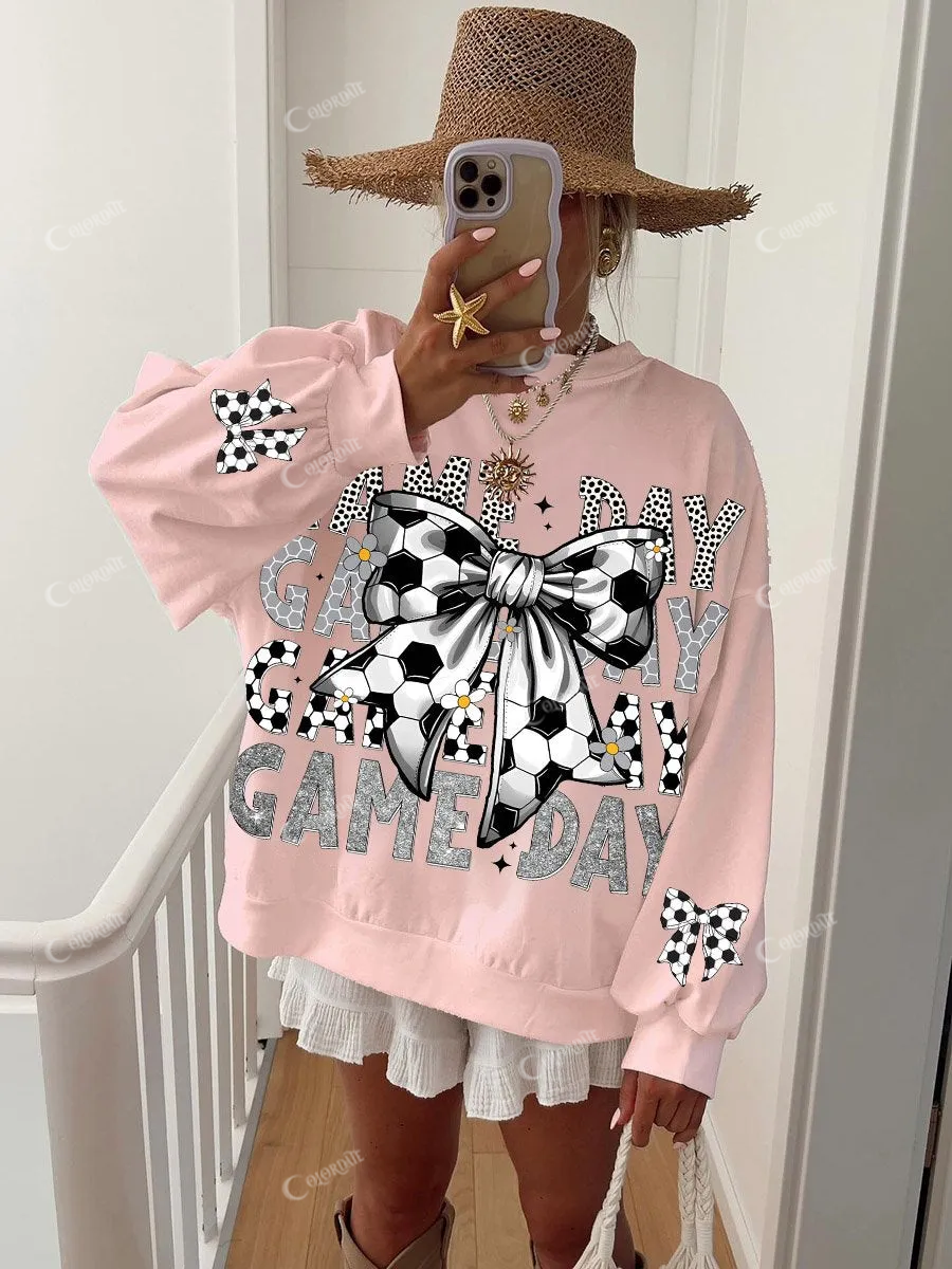 Women's Football Bow Game Day Print Crew Neck Sweatshirt