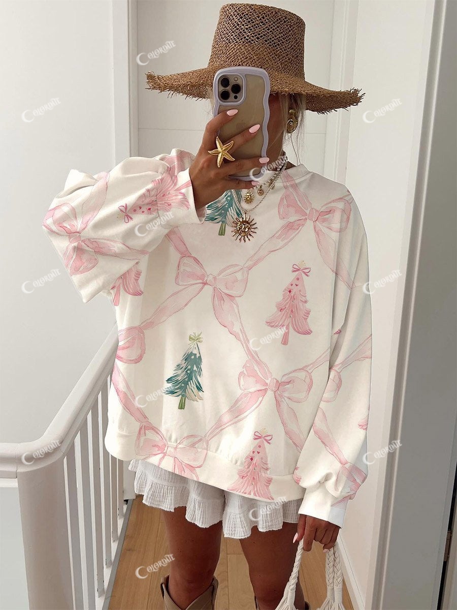 Women's Christmas Tree and Pink Bow Aesthetic Print Sweatshirt