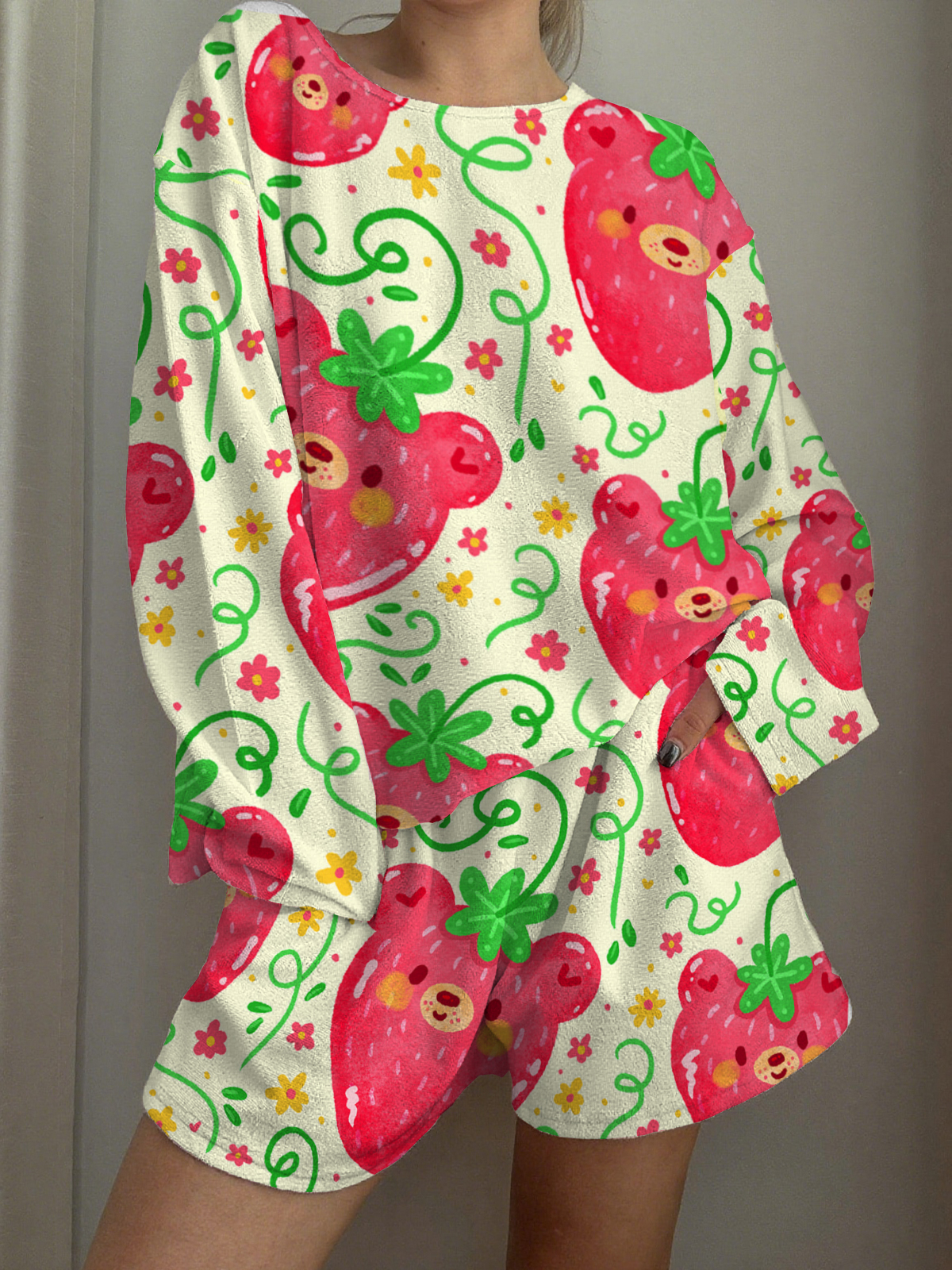 Strawberry Bear Printed Long-Sleeved Shorts Loungewear Set