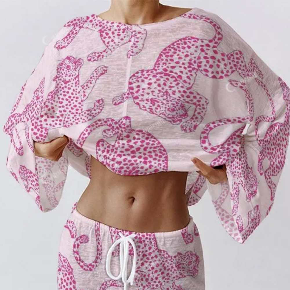 Colordate Women's Pink Leopard Print Long Sleeve Cotton Homewear Set