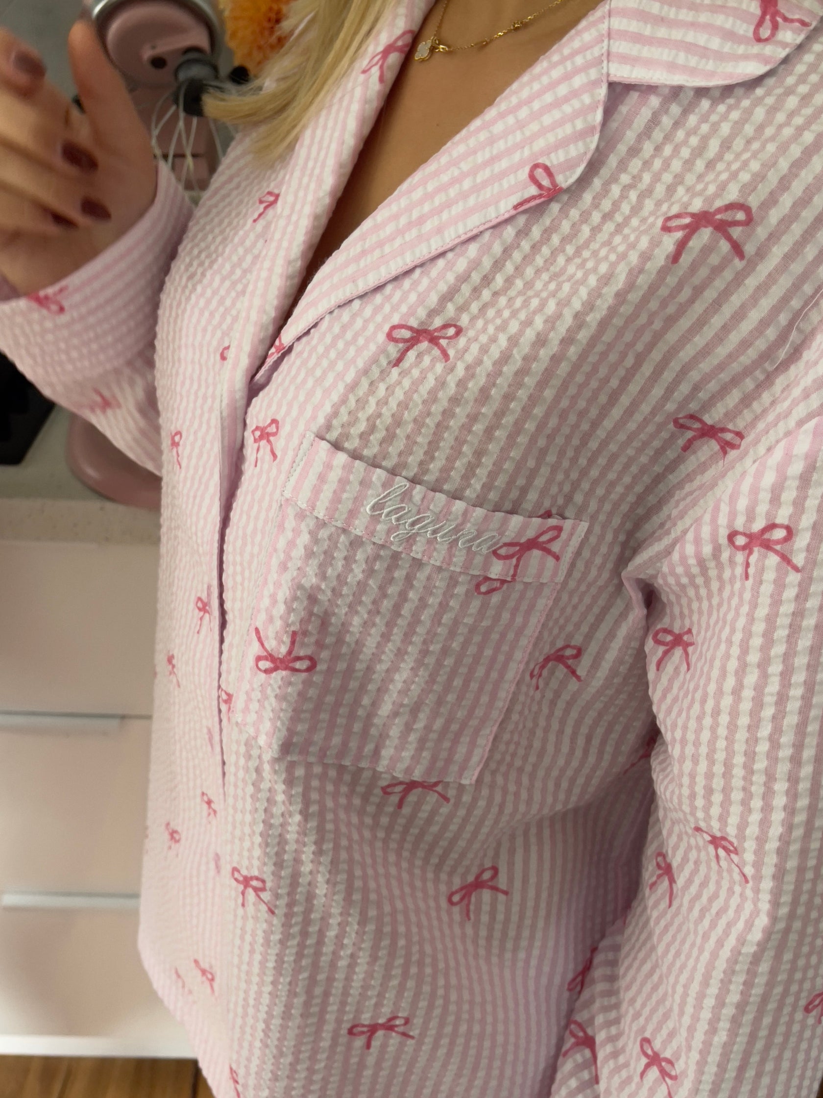 Women's Pink & White Stripes With Bow Print Cotton Cardigan Homewear Set