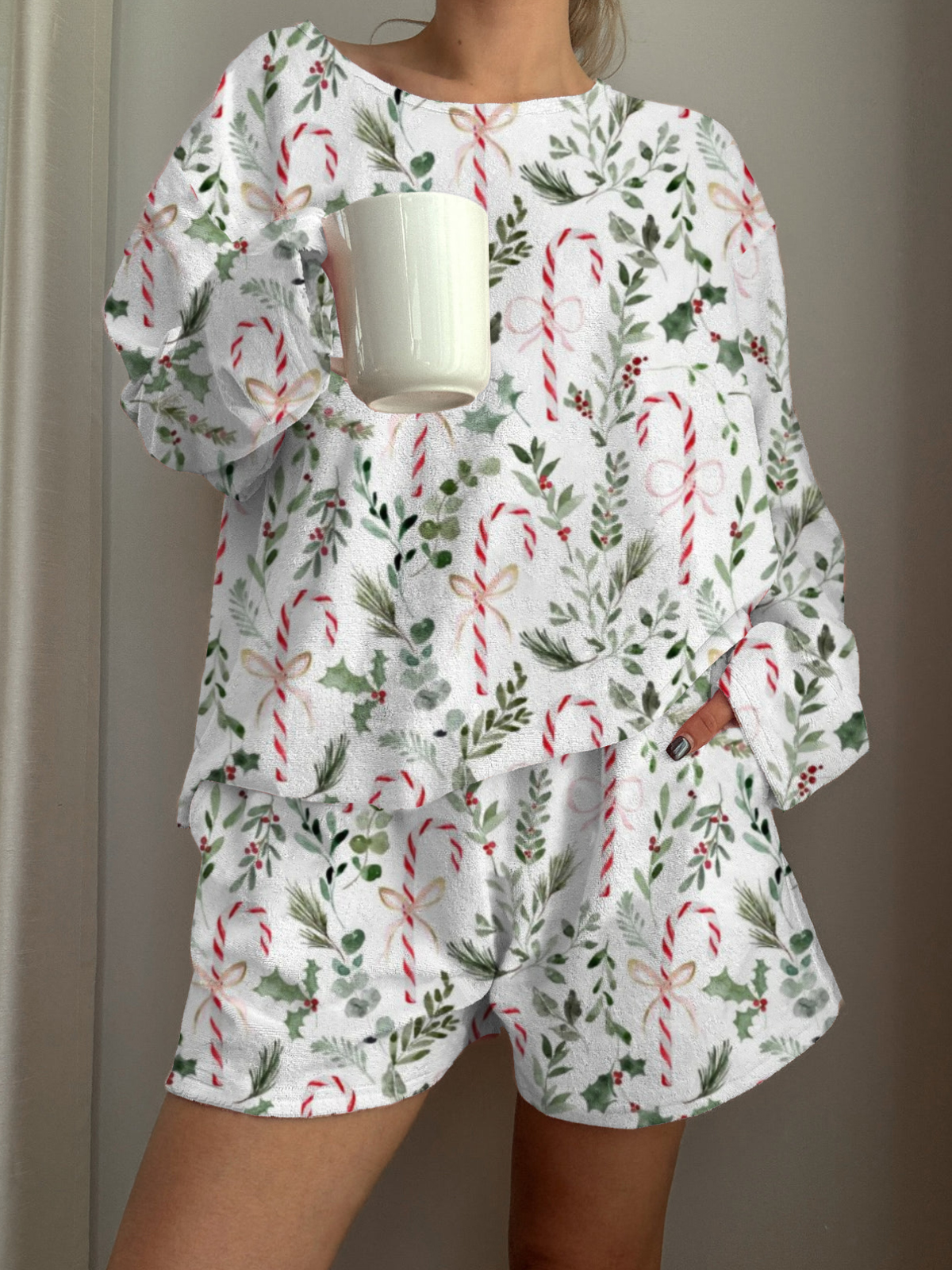 Christmas Candy Cane Printed Long-Sleeved Shorts Loungewear Set