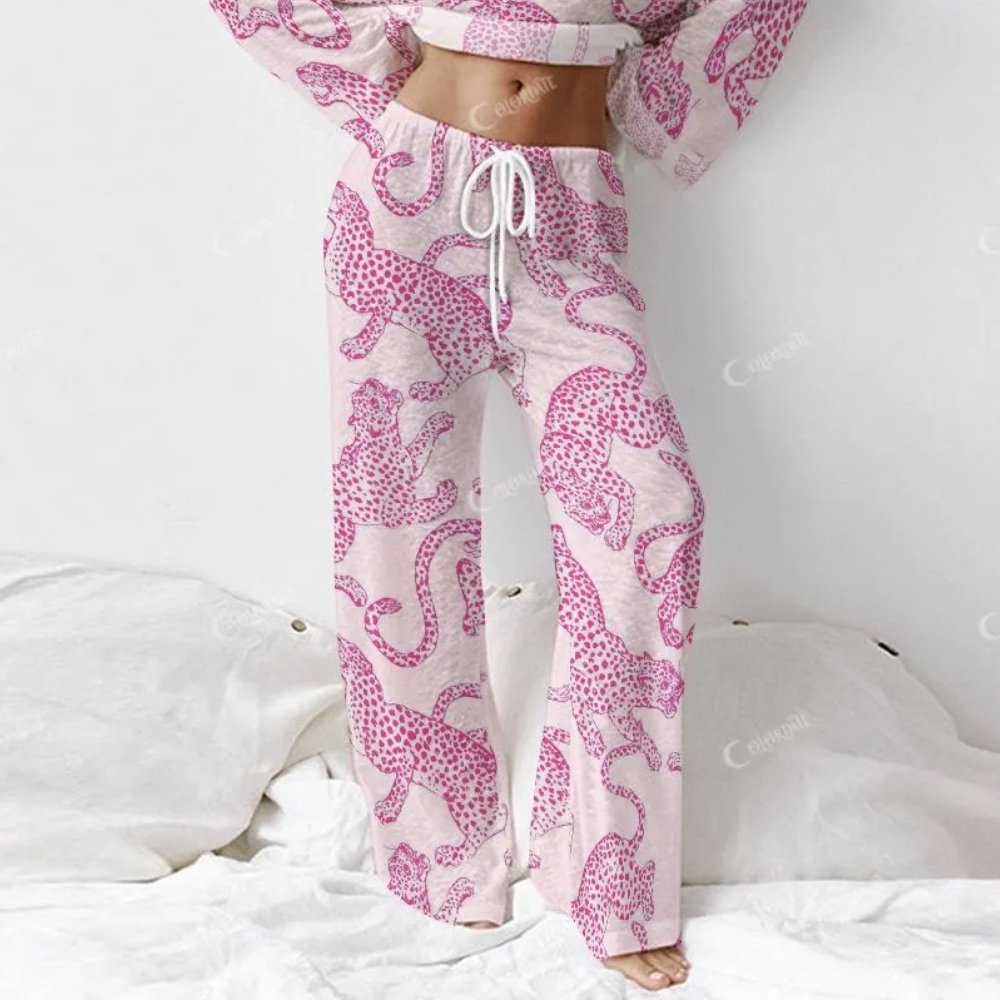 Colordate Women's Pink Leopard Print Long Sleeve Cotton Homewear Set