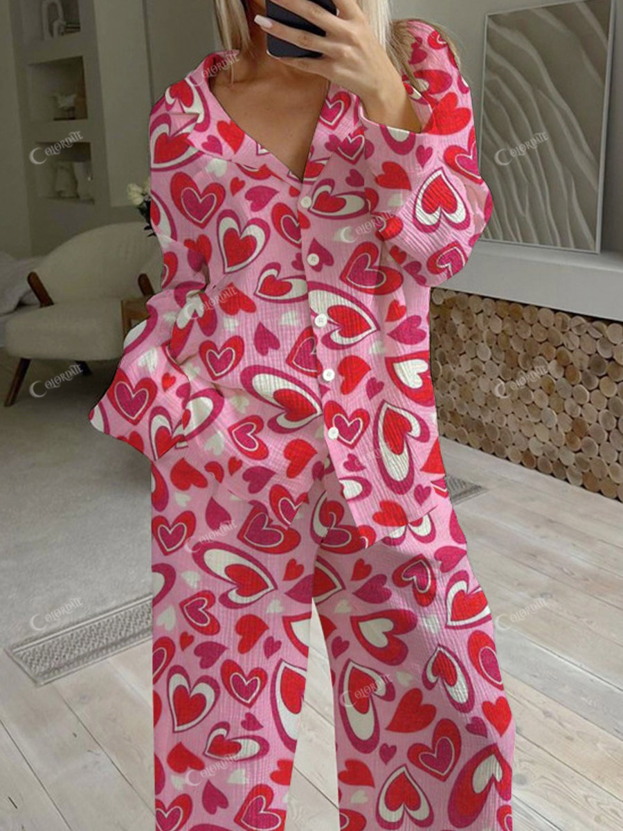 Women's Valentine's Day Heart Pattern Long Sleeve Pants Set