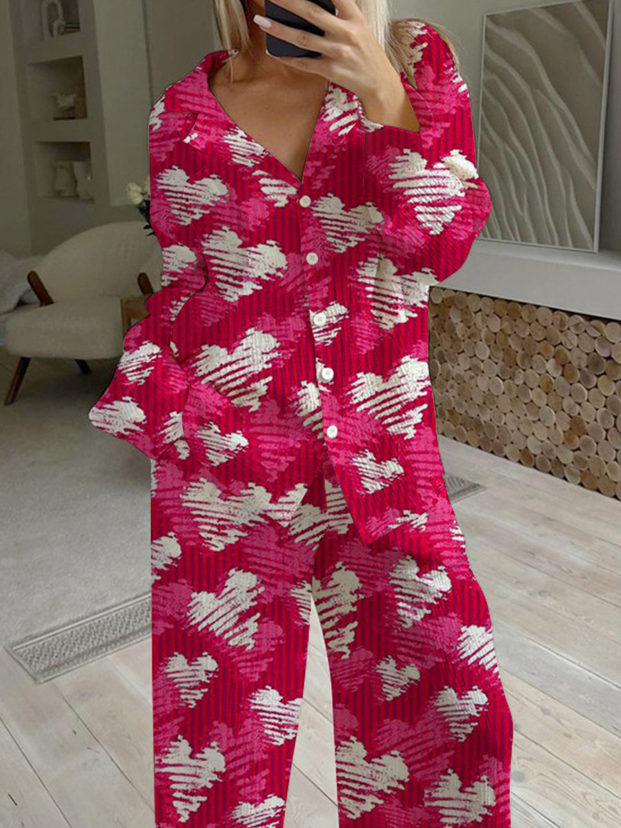 Women's Valentine's Day Heart Pattern Long Sleeve Pants Set