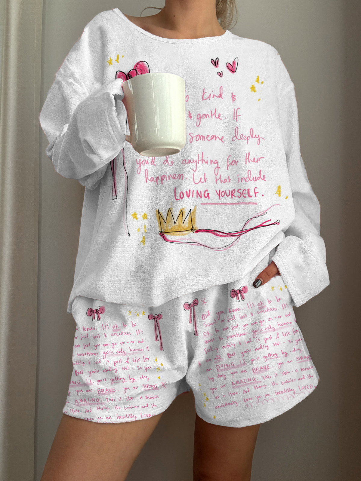 Loving Yourself Printed Long-Sleeved Shorts Loungewear Set