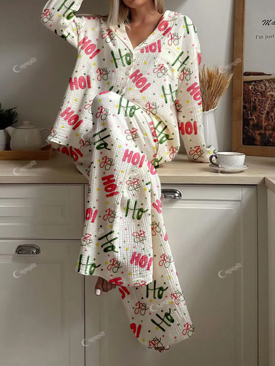 Women's Christmas Art Painting Printed Home Long Sleeve Suit