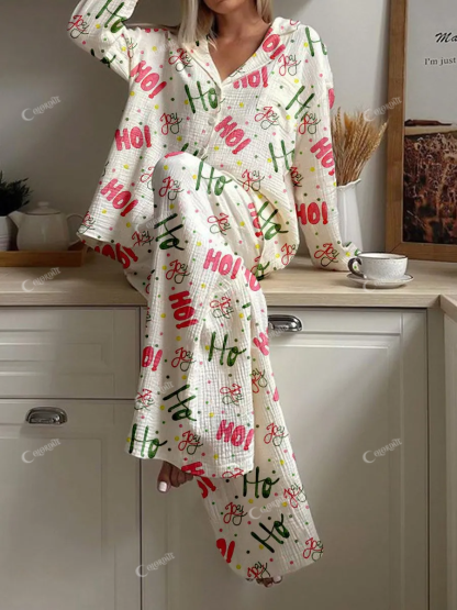 Women's Christmas Art Painting Printed Home Long Sleeve Suit