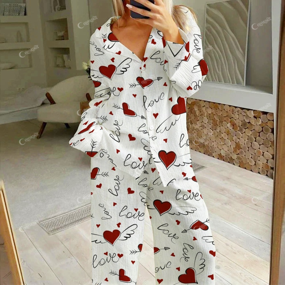 Women's Valentine's Day Love Letter Print Cotton Cardigan Homewear Set