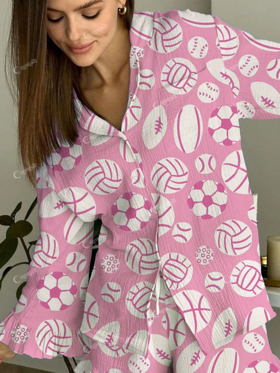 Women's Ball Sports Pattern Ruffled Long Sleeve Pant Set