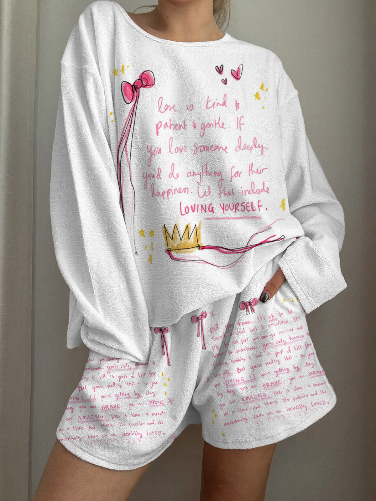 Loving Yourself Printed Long-Sleeved Shorts Loungewear Set