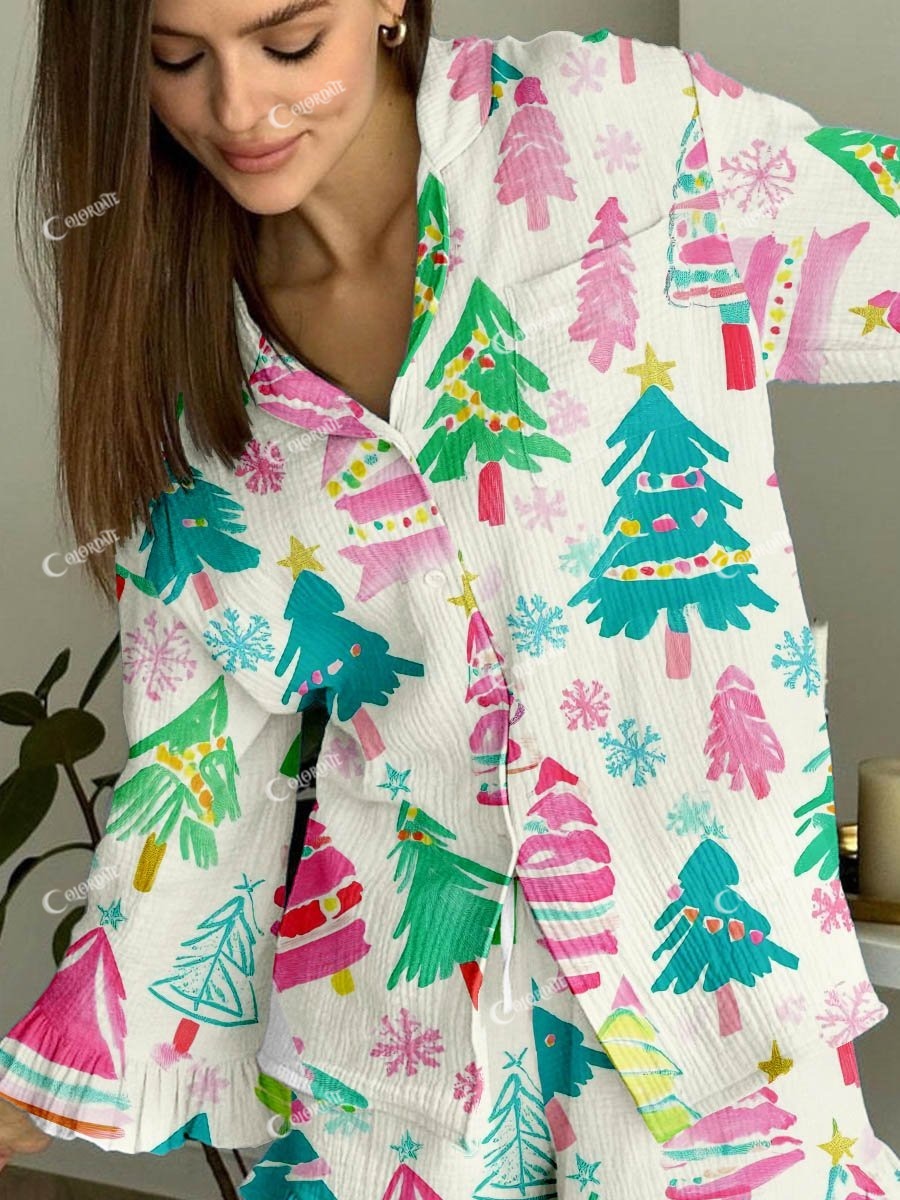 Women's Simple Christmas Tree Print Linen Cotton Ruffled Suit