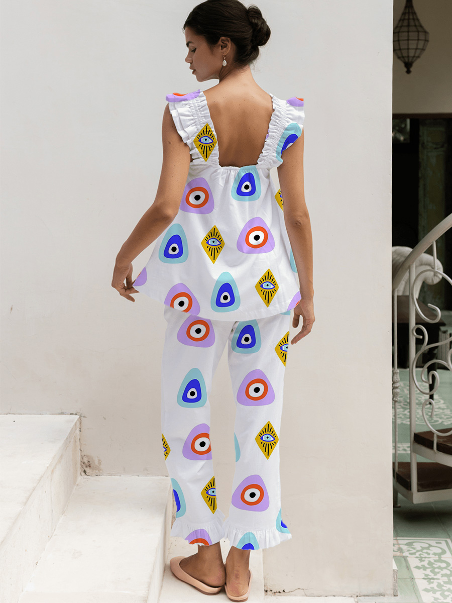 Multicolor Geometric Circle Print Short Tank Top Pajama Set