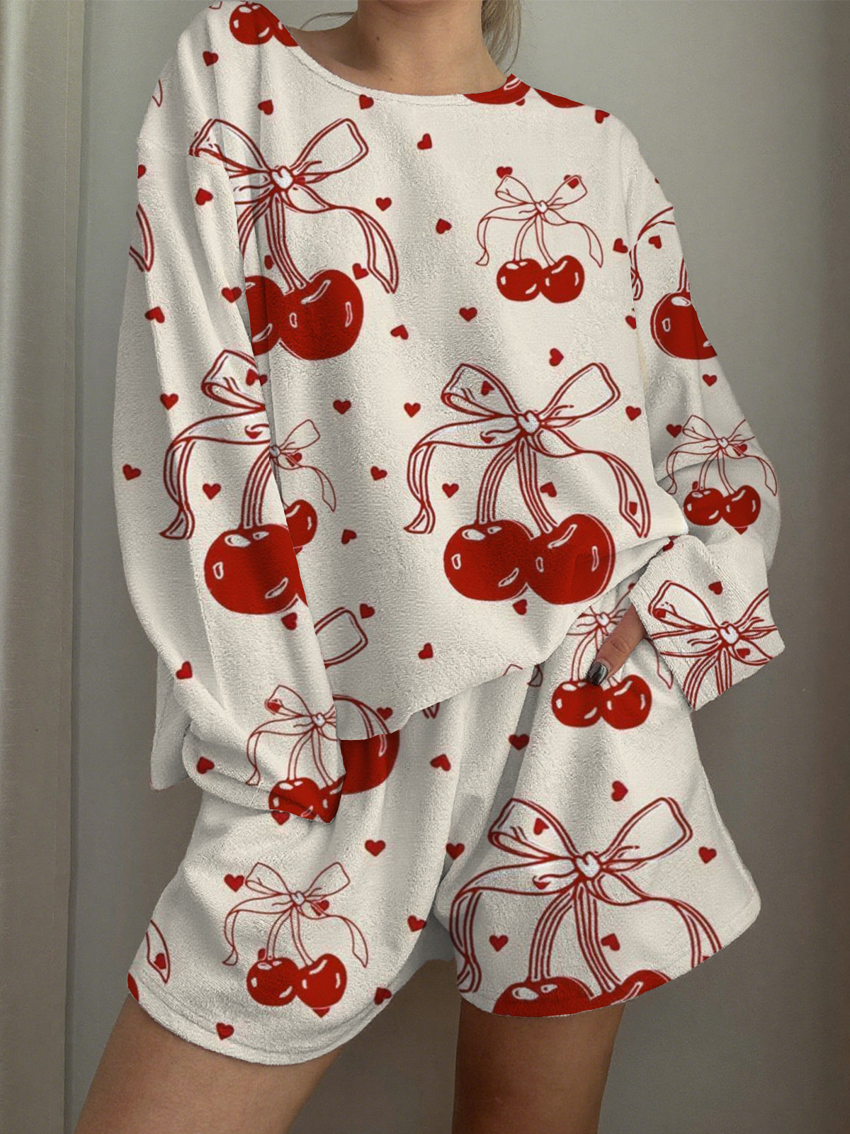Cherry Heart Printed Long-Sleeved Shorts Loungewear Set