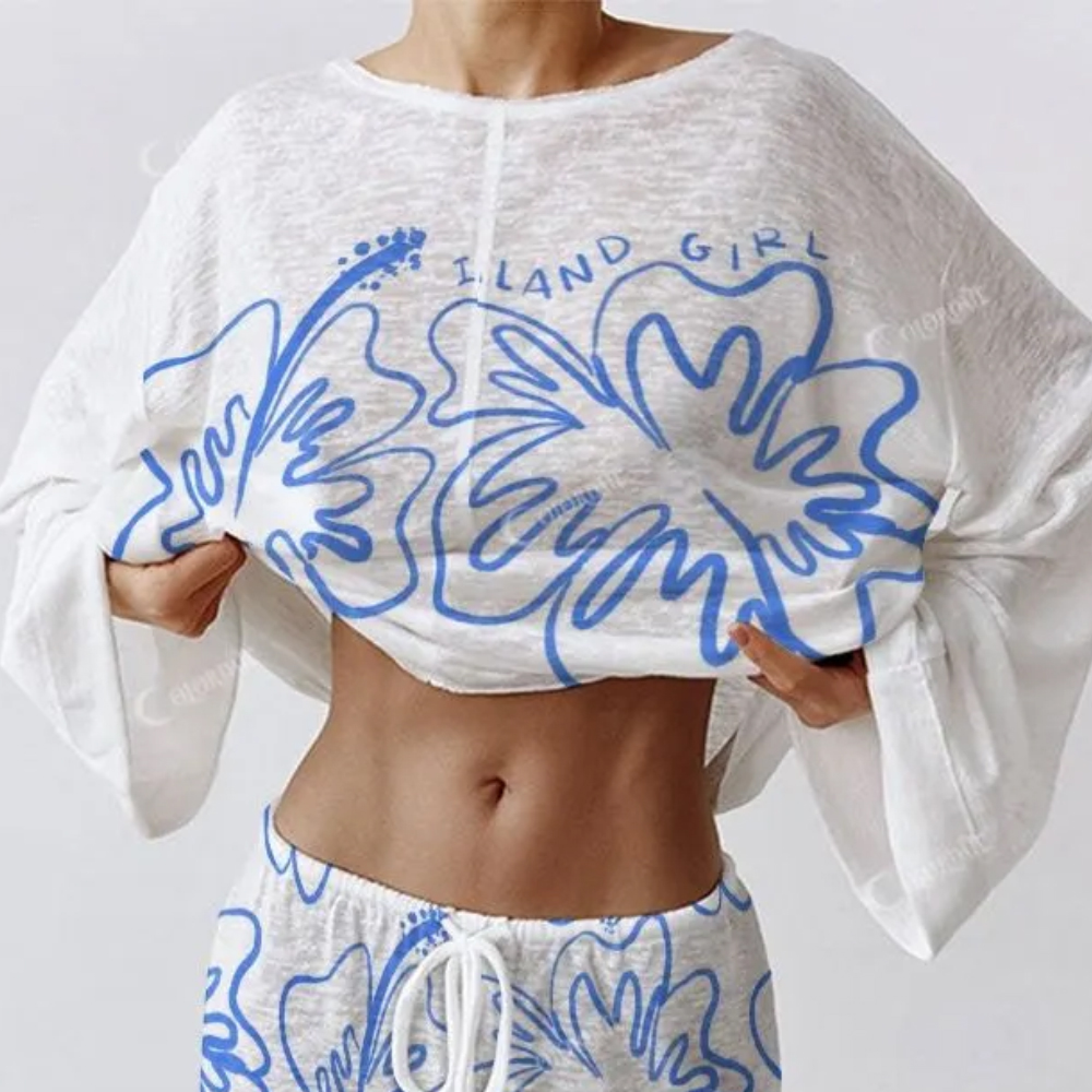 Colordate Women's Hawaiian Flower Print Long Sleeve Cotton Homewear Set