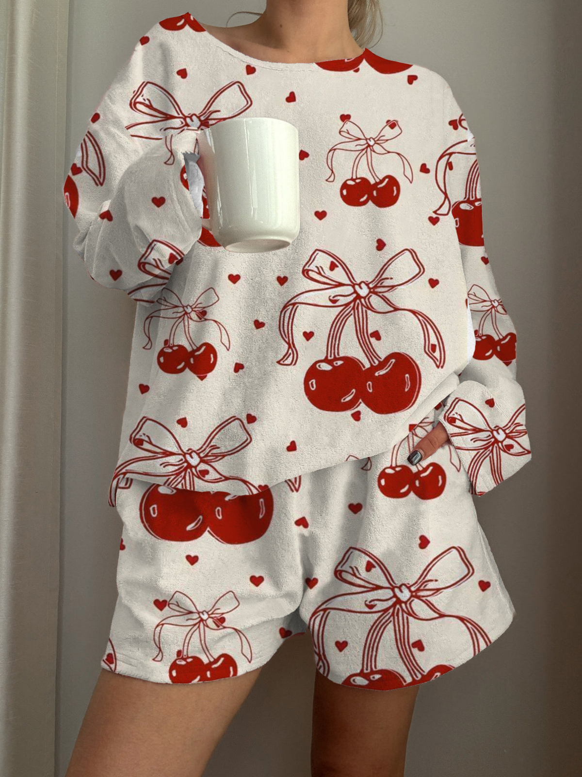 Cherry Heart Printed Long-Sleeved Shorts Loungewear Set