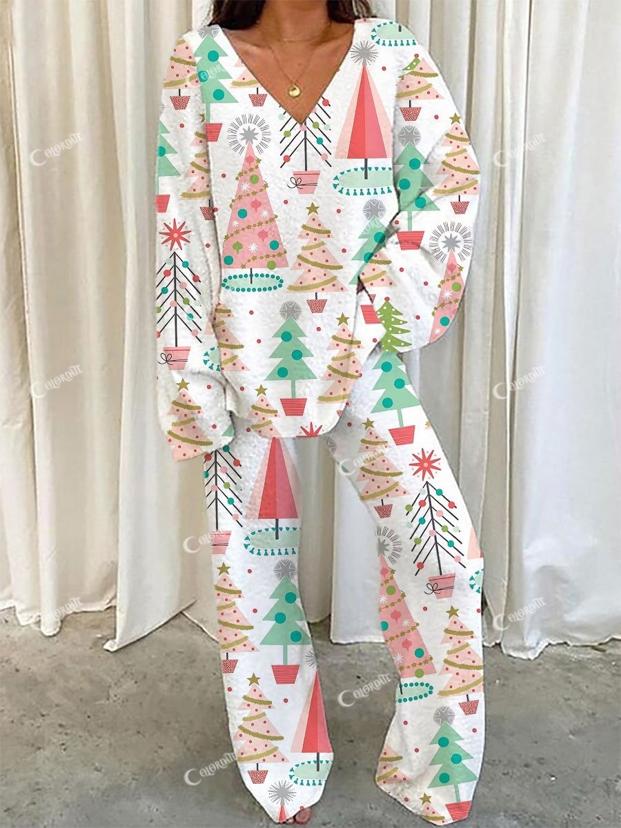 Women's Christmas Tree Various Printed V-Neck Long Sleeve Cotton Suit