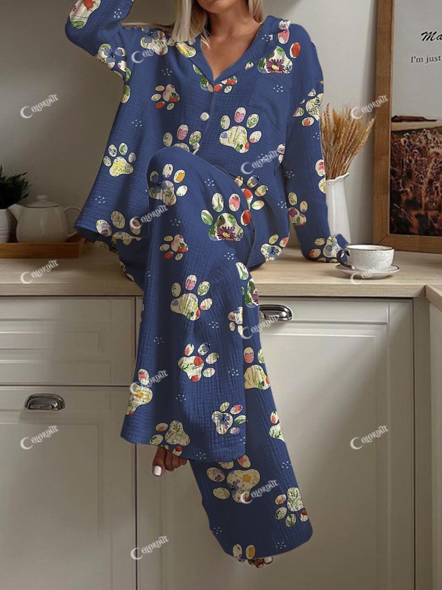 Women's Cute Dog Paw Print Collar Pajama Set