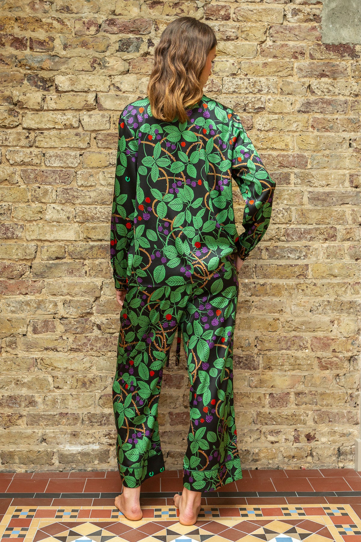 Women's Lapel Leaf Cat Print Long Sleeve Pajama Set