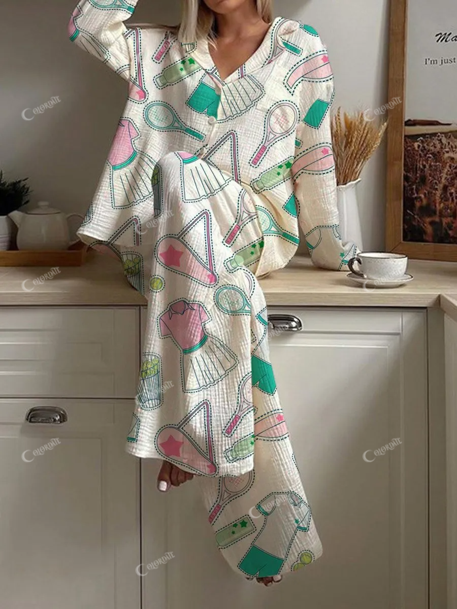 Women's Baseball Pattern Long Sleeve Pants Set