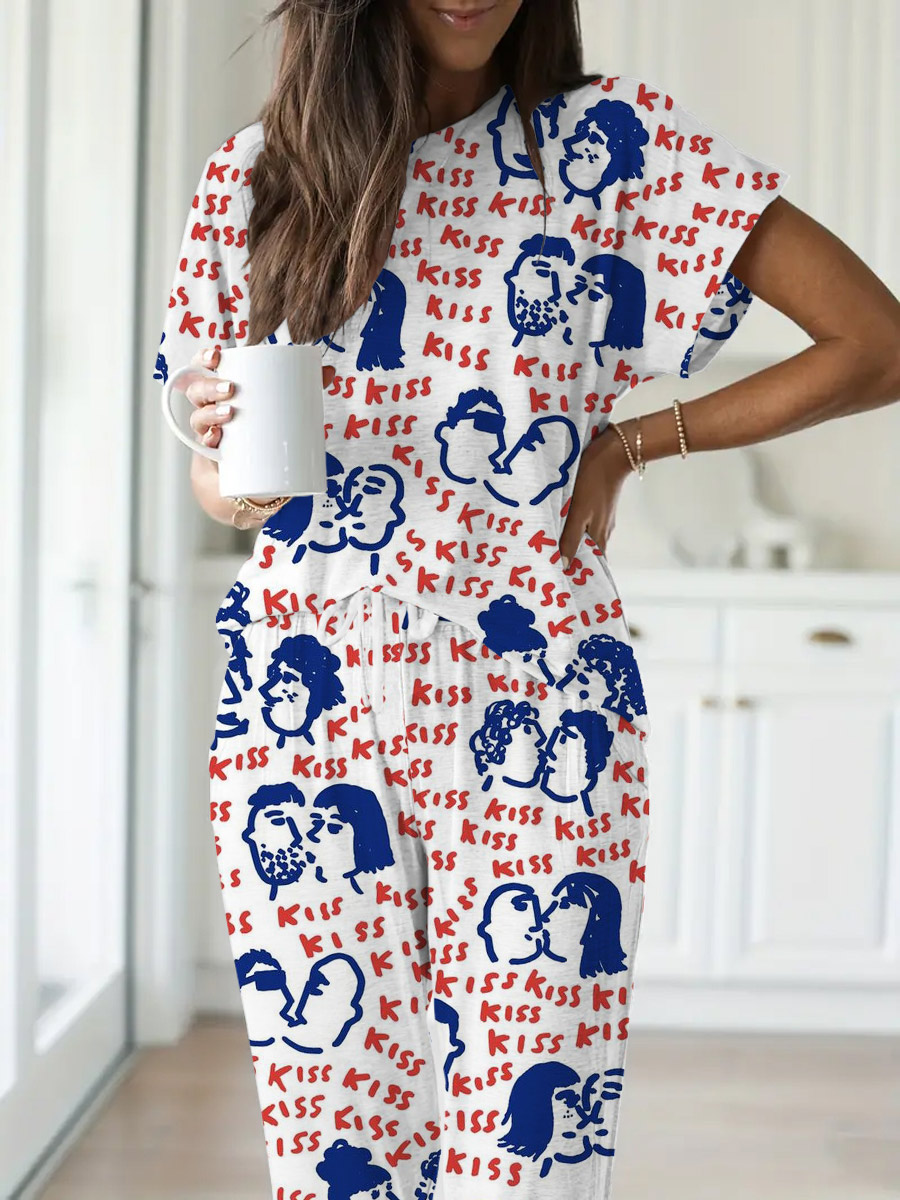 Women's Valentine's Day Art Painting Print Home Short Sleeve Set