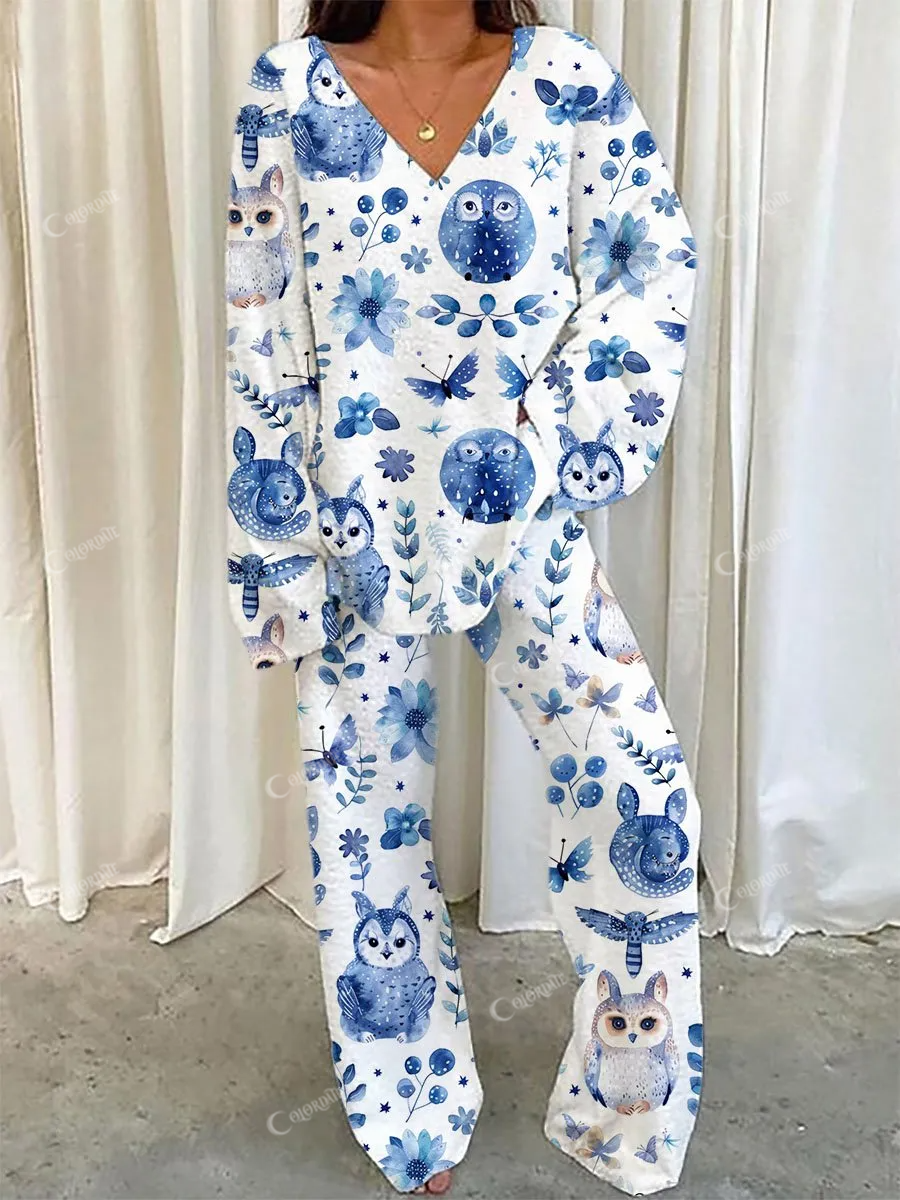 Cat Hide and Seek Pol200-241121-18Women's Cute Owl Polar Fleece Pajama Setar Fleece Pajama Set