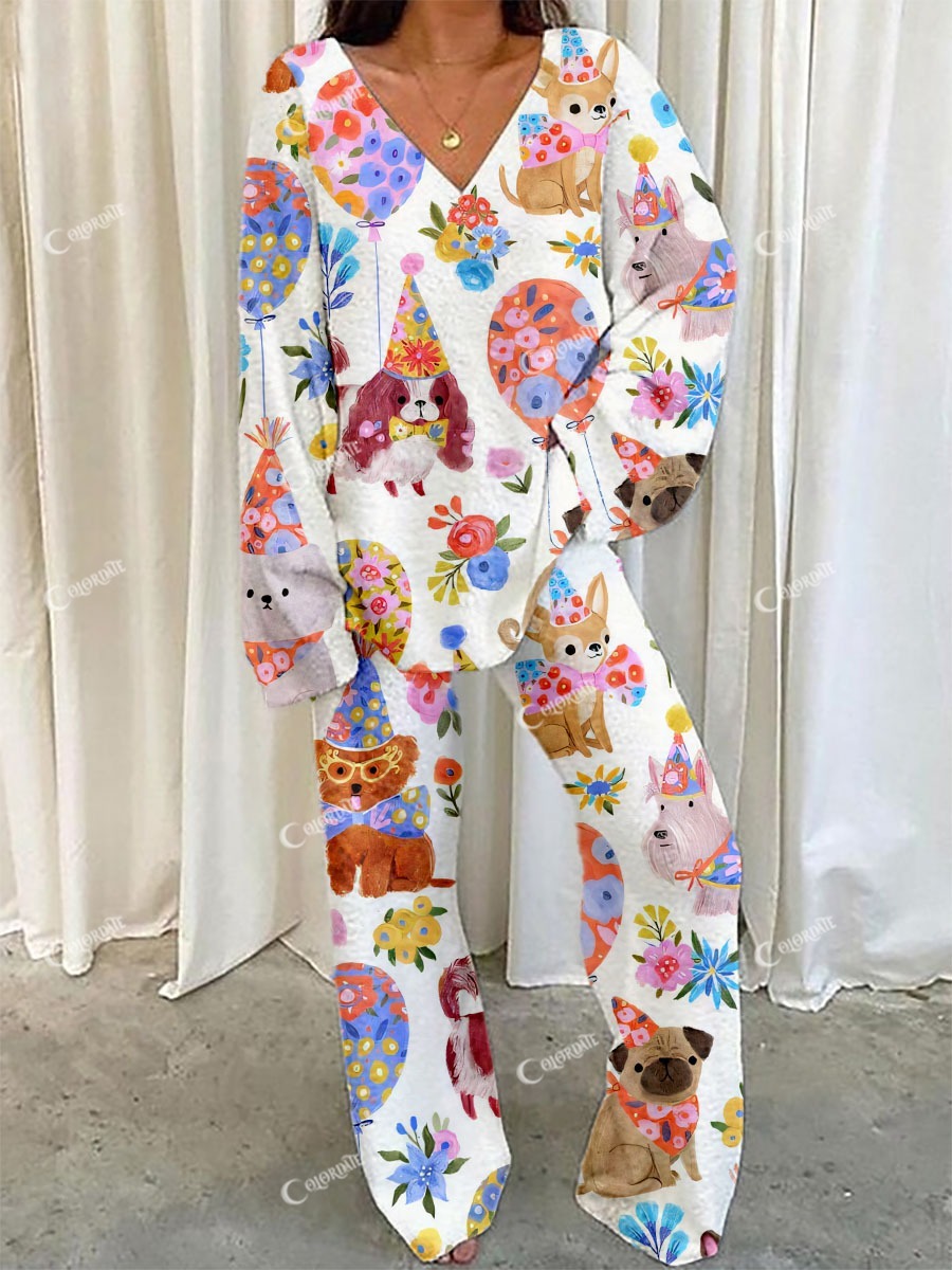 Women's Floral Balloon Puppy Print Comfortable V-Neck Suit