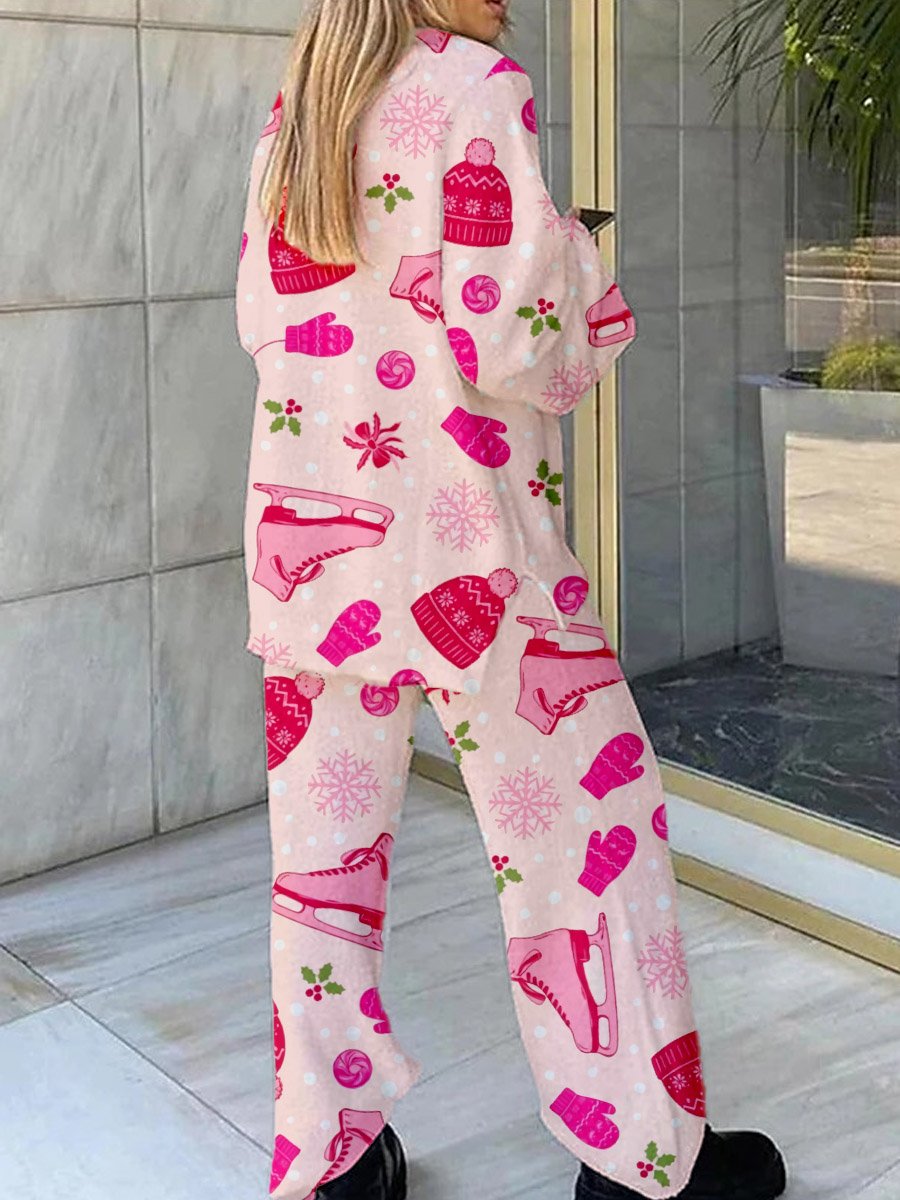 Women's Pink Skate Knitted Hat Printed V-Neck Polar Fleece Set