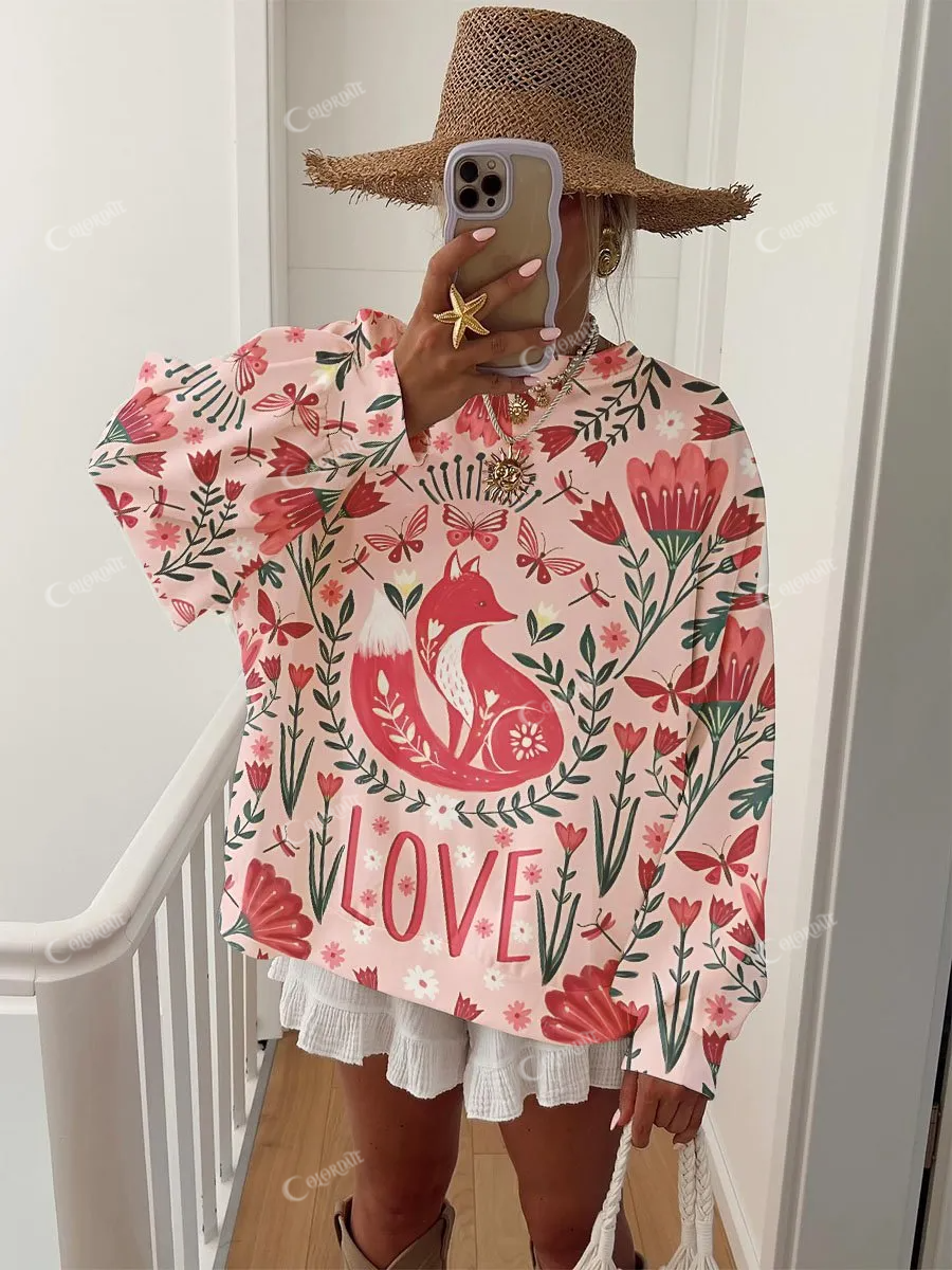 Women's Valentine's Day Fox Floral Print Crew Neck Sweatshirt