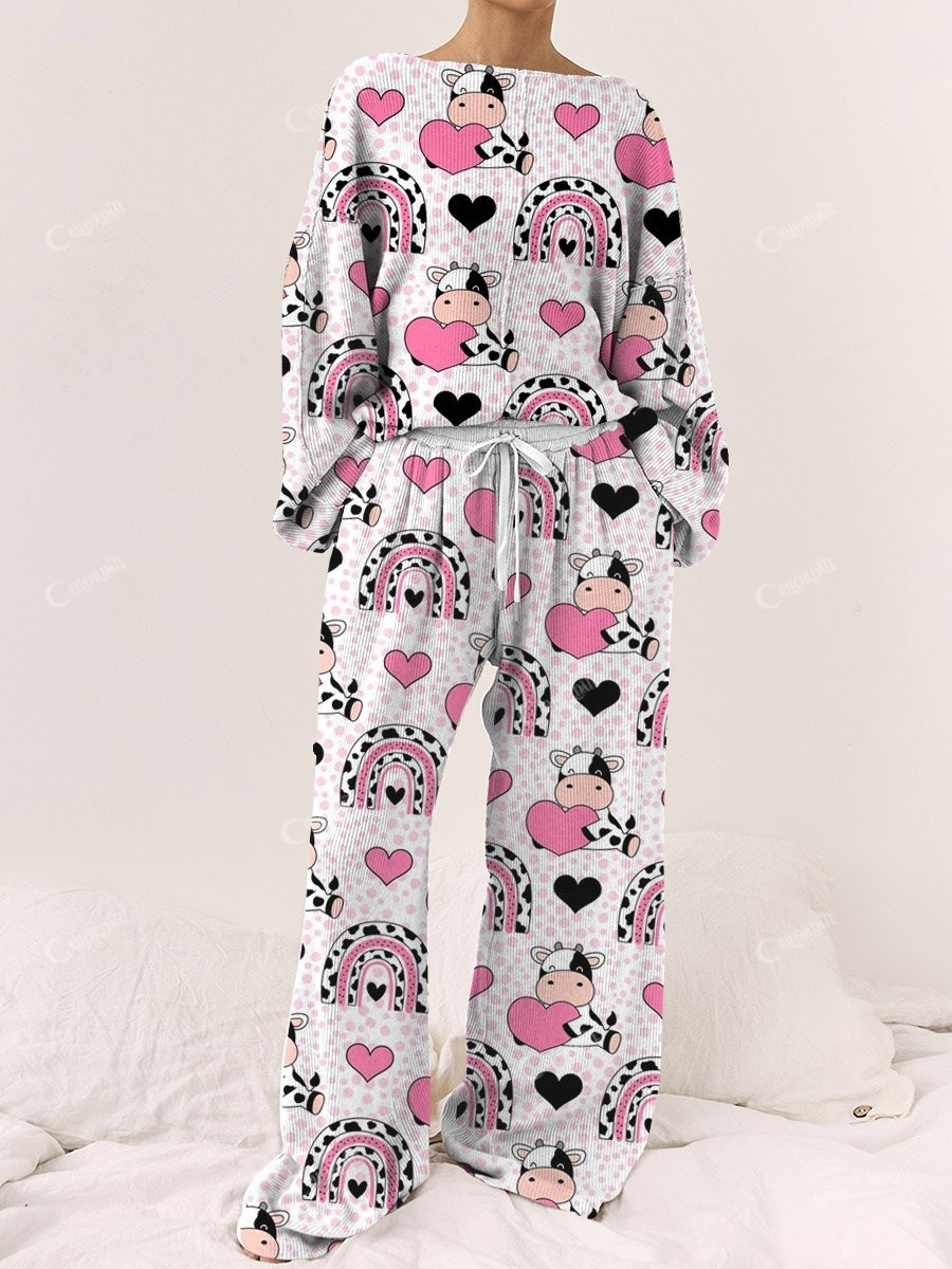 Women's Cow Printed Long Sleeve Home Suit