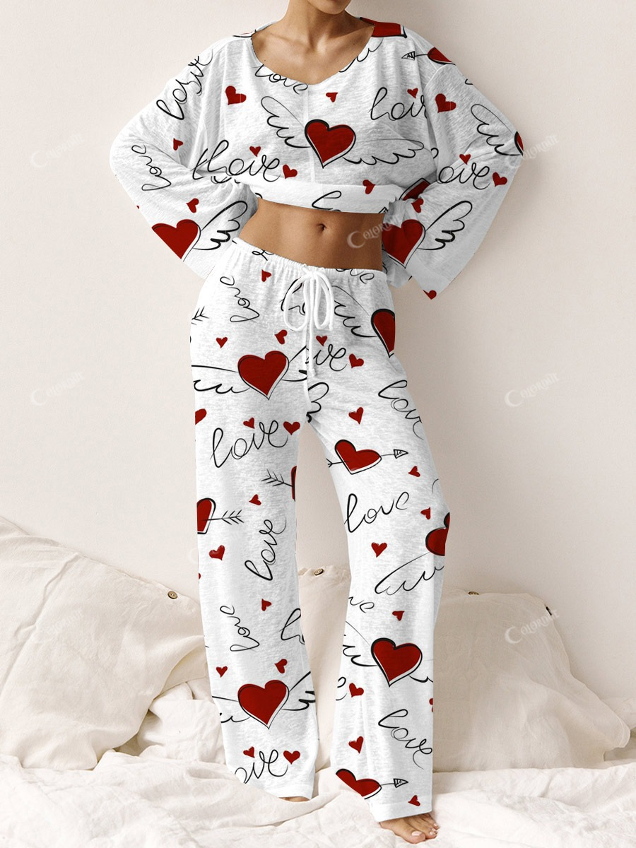 Women's Valentine's Day Heart Angel Wings Pattern Long Sleeve Pants Suit