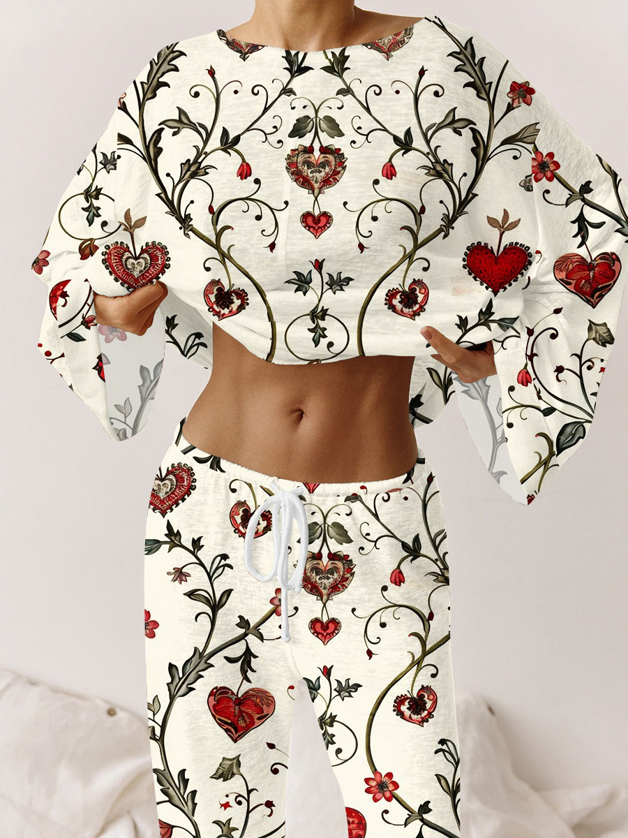 Women's Heart Floral Print Long Sleeve Homewear Set