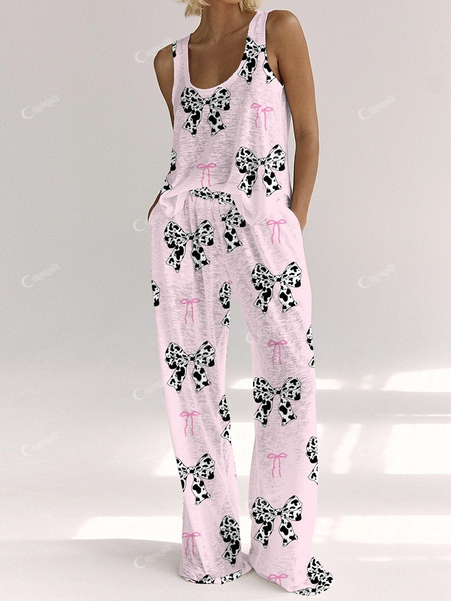 Women's Cow Bow Short Sleeve Pants Suit