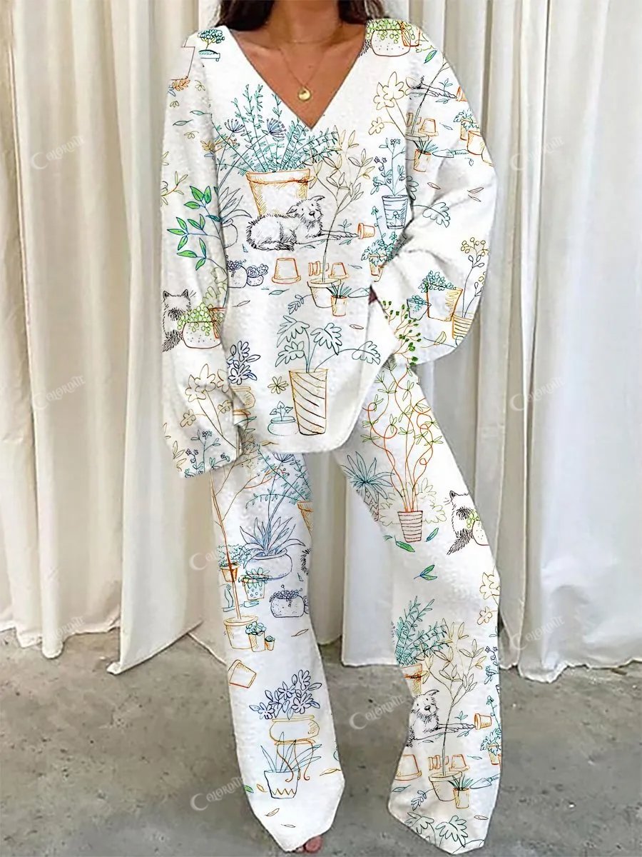 Women's Plant Potted Cat Dog Print V-Neck Suit