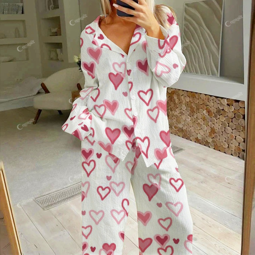 Women's Valentine's Day Pink Love Print Cotton Cardigan Homewear Set