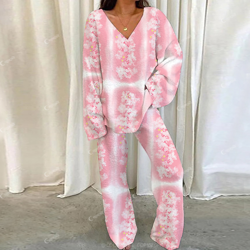 Colordate Casual Flower Color Blocks Printed Loungewear Set For Women