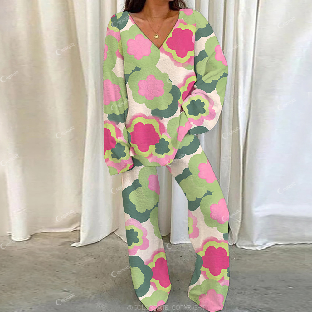 Colordate Casual Blooming Flower Art Loungewear Set For Women
