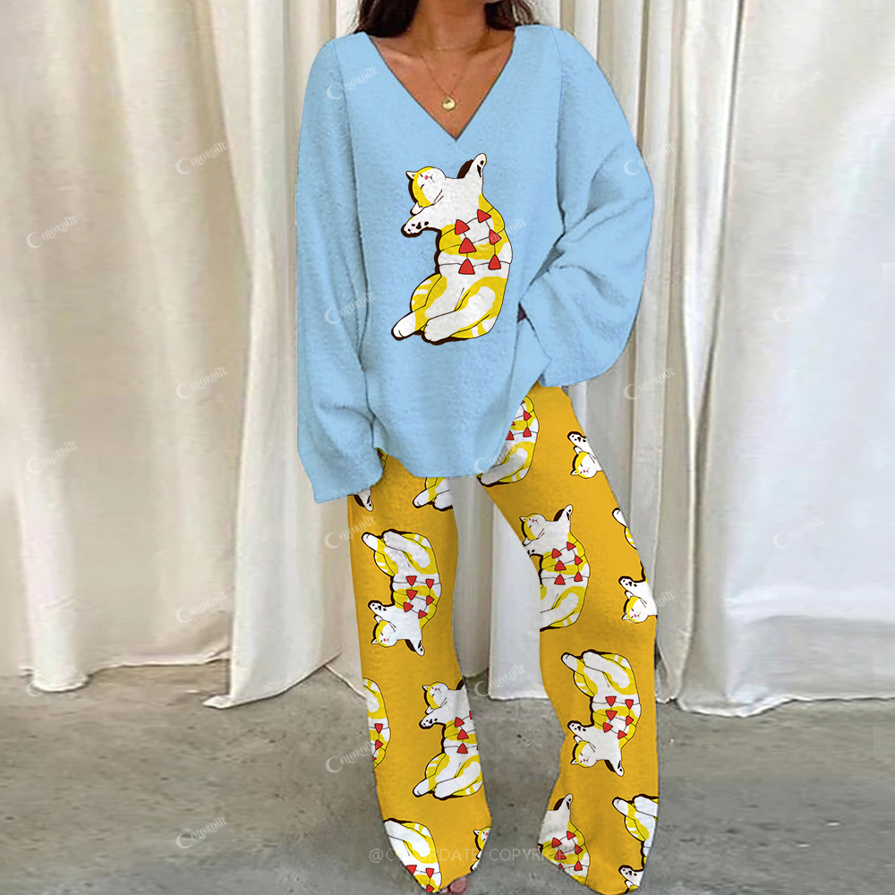 Colordate Casual Naughty Kitten Printed Loungewear Set For Women
