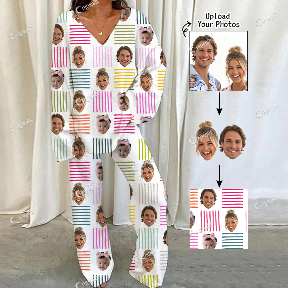 Addcustom Your Photos Stripes Print Loungewear Set For Women