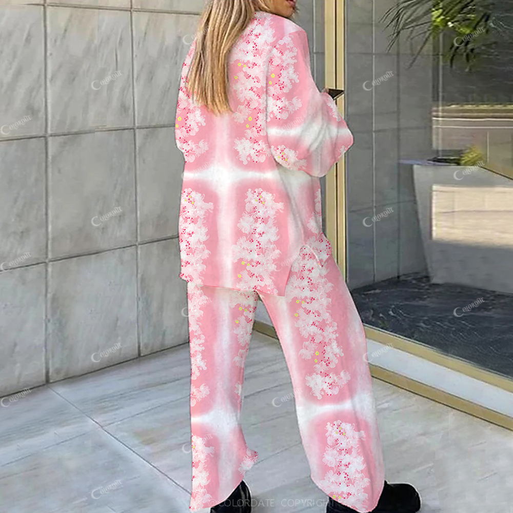 Colordate Casual Flower Color Blocks Printed Loungewear Set For Women