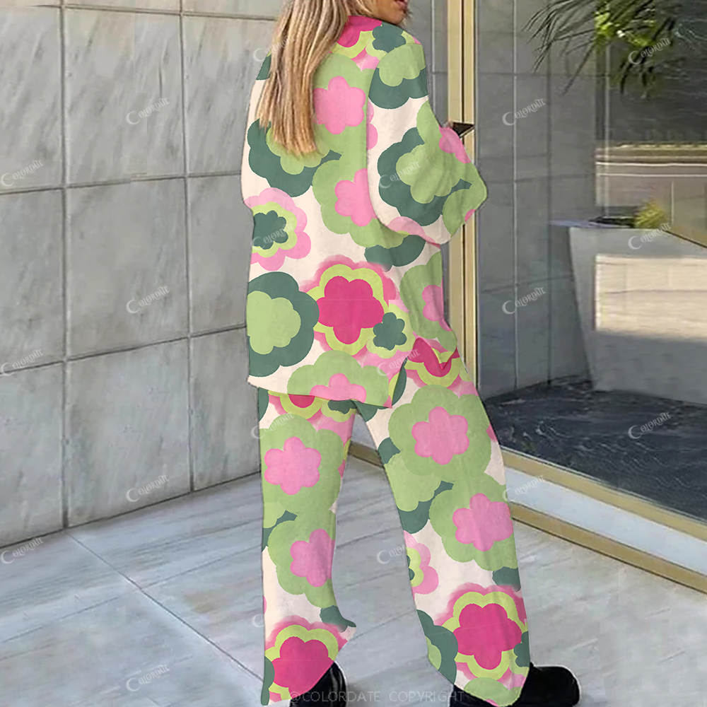 Colordate Casual Blooming Flower Art Loungewear Set For Women