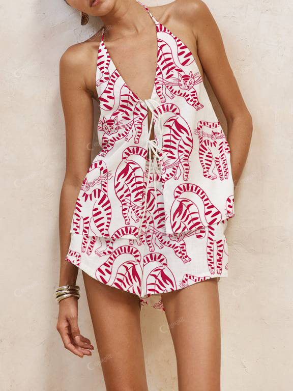 Red Cat Print Halter Neck Tie-Up Top And Shorts Suit